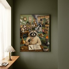 Listing image for "Business As Usual" - Raccoon Vertical Canvas - Dark Burnout Humor Wall Art