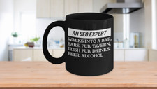 Listing image for SEO Expert Black Coffee Mug, Funny Digital Marketing Cup with Keywords Joke, Per