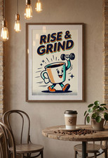 Listing image for Rise & Grind Funny Retro Coffee Poster Gym Wall Art Print A3 A4 A5