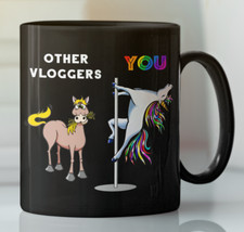Listing image for Vlogger youtuber rainbow Unicorn pole dancing coffee mug, Content creator gift
