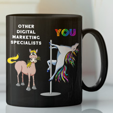 Listing image for Digital Marketing Specialist rainbow Unicorn pole dancing coffee mug coworker